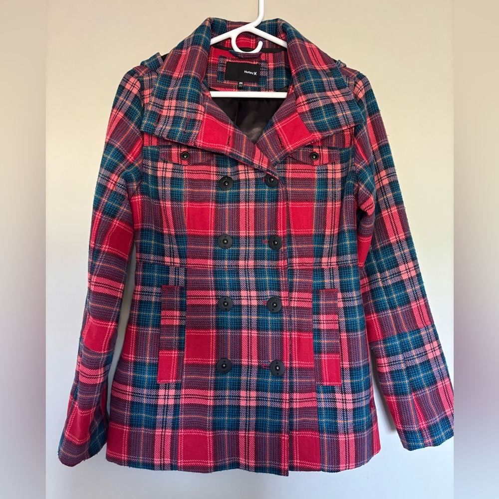 Hurley Red and Blue Plaid Pea Coat with Detachable Hood